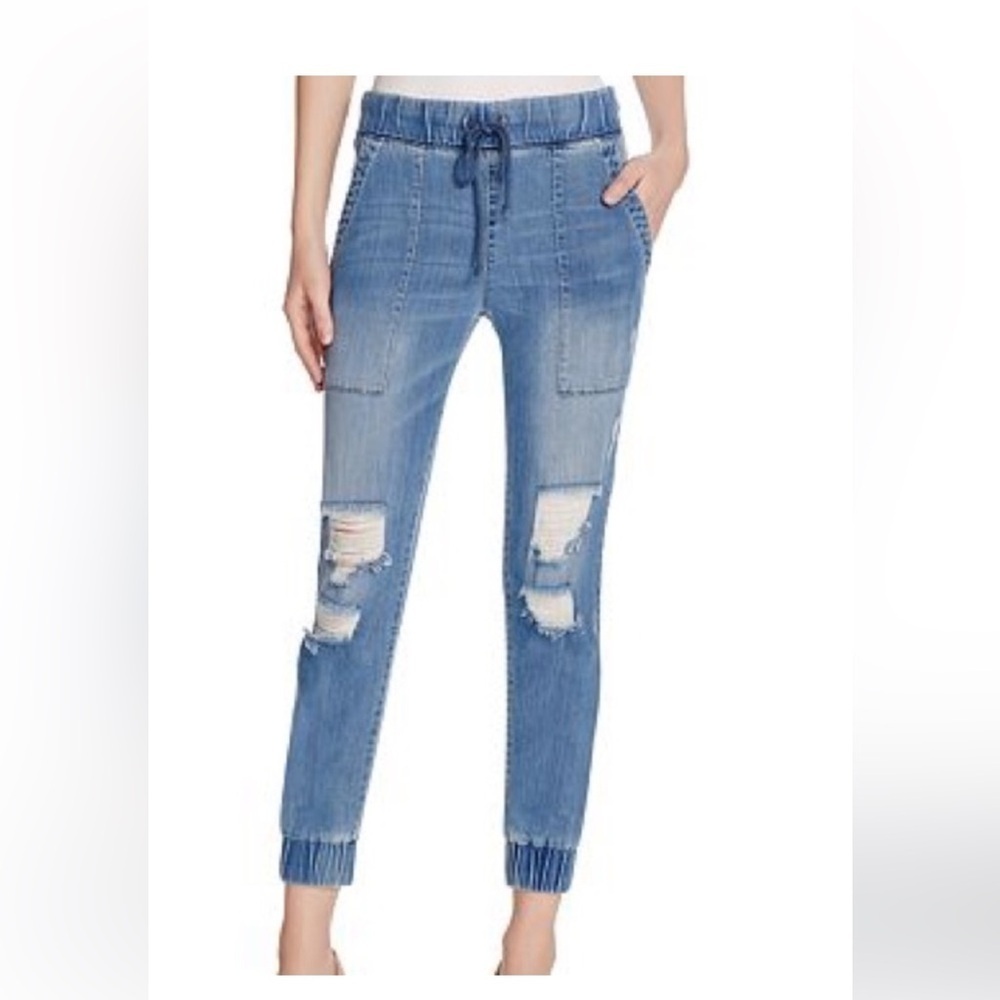 Bella Dahl Blue Distressed Chambray Joggers Relaxed Fit Pockets Size XS